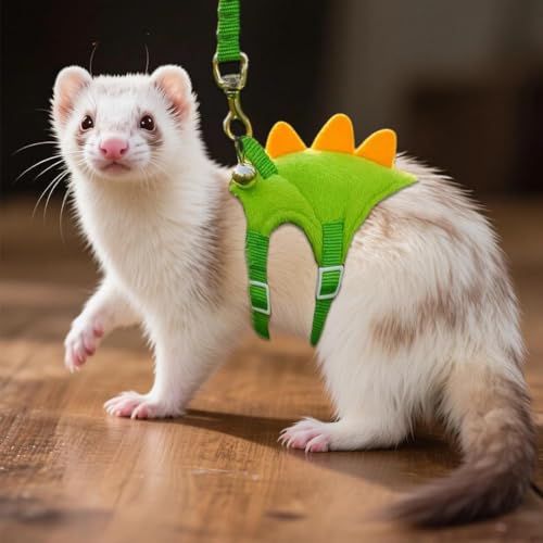 Ferret Harness and Leash Set Dinosaur Shaped Guinea Pig Leash Hedgehog Hamster Rat Harness Adjustable Ferret Stuff Hedgehog Accessories for Rabbit Bunny Teacup Chihuahua Mouse Small Pet, Green