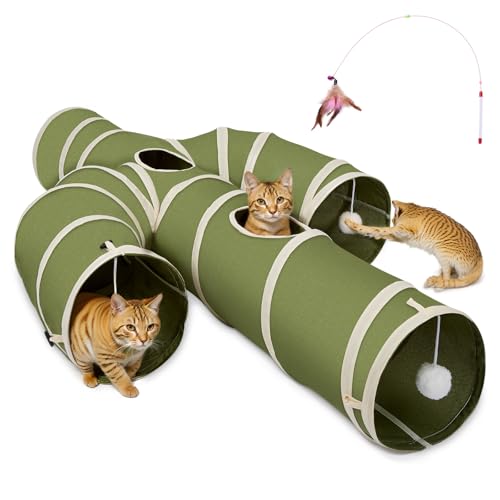 Ownpets Cactus Cat Tunnel 10" with Peek Holes for Indoor Large Cat, Green | Durable Oxford fabric, noise-free, foldable & connectable, multi-cat friendly, tube for cats up to 20lb, includes ball & wand - size: 10 Inches in Diameter
