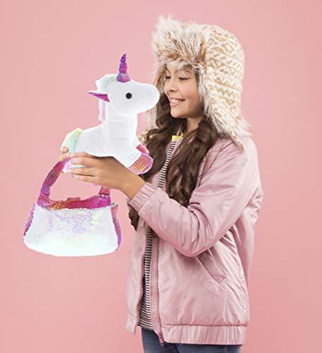 DolliBu Pink Unicorn Plush Reversible Sequin Pet Carrier Handbag, White Sparkle Soft Stuffed Animal Carrier Toy Purse for Little Girls, Cute Toddler Girl's Pretend Play 9 Inch