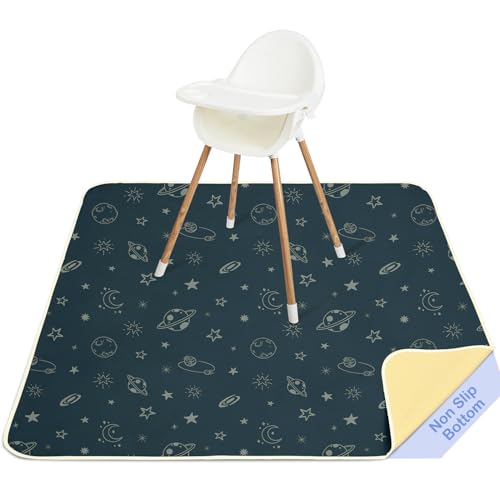 Basumee Splat Mat for Under High Chair, Waterproof & Mess-Proof Floor Mat | 46"×42" Baby Splash Mat, Non Slip Bottom, 4-Layer Fabric, Food & Liquid Catcher, Machine Wash for Boy Girl, Meals, BLW, Craft - color: Dark Blue Space, size: 46x42 Inches