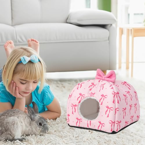 JarThenaAMCS Washable Guinea Pig House Bed Pink Bow Bunny Hideout Cage Accessories Reusable Hideaway for Ferret Hedgehog Small Animal, 9.5 x 9.5 x 8 Inch
