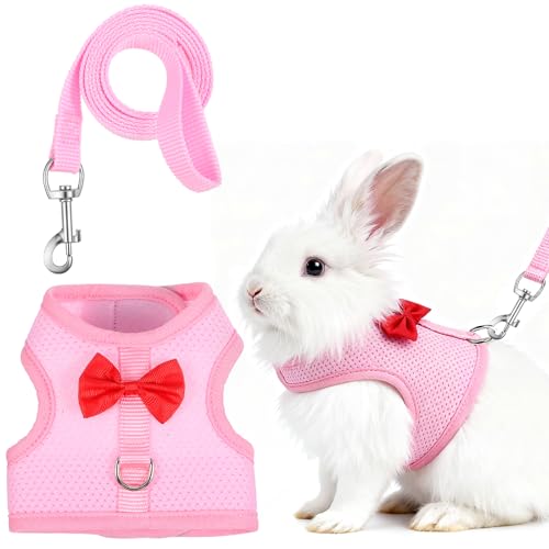 Breathable Rabbit Harness and Leash Set, Rabbit Harness and Bunny Leash Set, Soft Breathable Mesh VestHarness for Rabbits, Kitten, Ferret, Small Pig, Puppy, Small Pets (Pink,M)