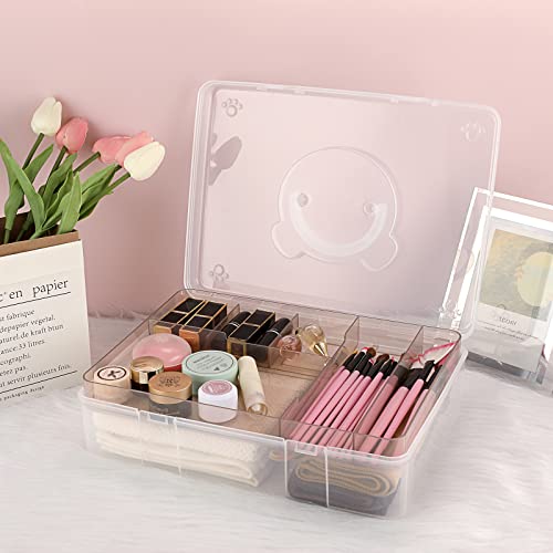 BTSKY 2-Tier Cute Bear Storage Box with Removable Divided Tray Portable Clear Plastic Art Craft Supply Organizer Stackable Home Office Supplies Storage Container for Pens Notes A4 papers etc (Coffee) - color: Coffee