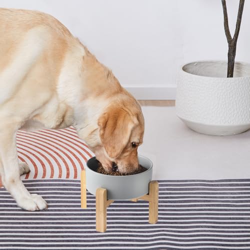 6'' Ceramic Raised Dog Bowl - 30Oz Dog Food & Water Bowl with Elevated Non-Slip Bamboo Stand, Dishwasher & Microwave Safe, Anti Vomiting Heavy Duty Pet Bowl for Small and Medium Dogs, Grey - color: 1 x Bowl + Stand - Grey, size: 6 inch