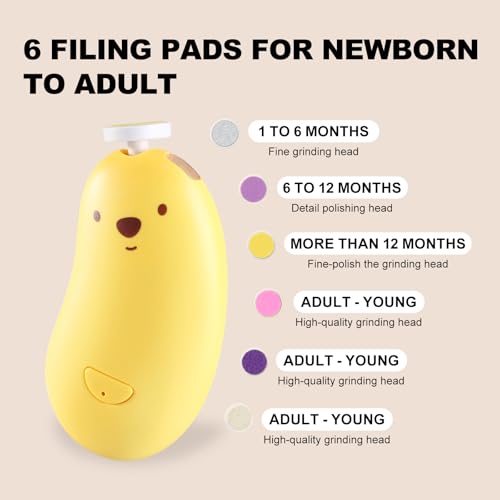 Baby Nail File Electric, Gentle Rechargeable Nail Trimmer, Baby Nail Clippers Grooming Kit Manicure Set for Infant Toddler or Adults, 6 Grinding Head Replacement Pads Yellow - color: Yellow