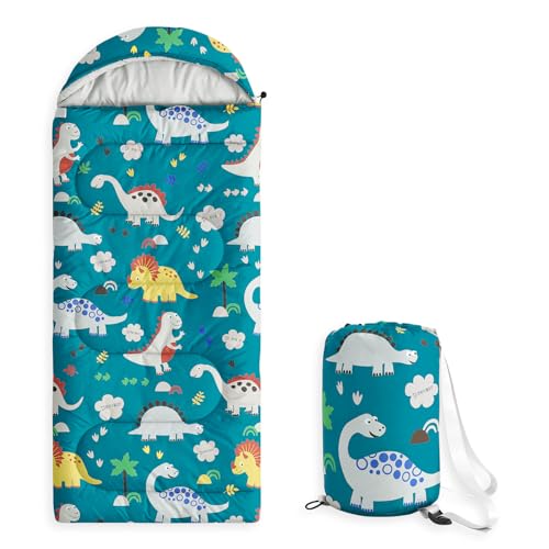 Wake In Cloud - Kids Sleeping Bag for Boys Toddlers, Camping in Warm Cold Weather, Backpacking Lightweight Compact Outdoor Liner for 3 Seasons, Cartoon Jurassic Dinosaur - color: Teal Blue