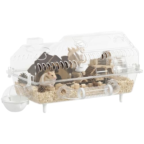 PawHut 8 in 1 PET Hamster Cage 21.5 x 11.8 x 12.6 Inches | Dwarf Hamster Cage, Large Wheel and Hideout, Small Animal Habitat, Accessories, Clear Pet House