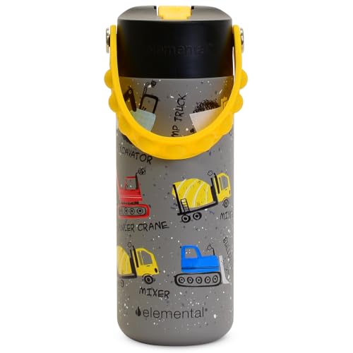 Elemental Insulated Kids Water Bottle, Stainless Steel Water Bottle with Straw Lid & Pop-It Handle, Leak-Proof Water Bottles for School, Boys or Girls, Travelling and Sports, 18oz - Construction - color: Construction