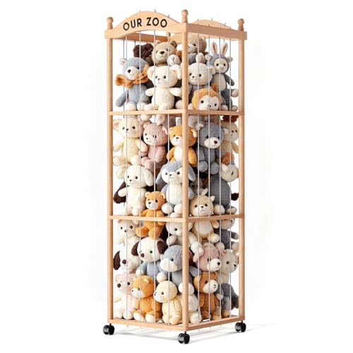 Stuffed Animal Storage Zoo Tower, Large Capacity Wooden Stuffed Animal Holder with Wheels, Space-Saving Toy Storage Organizer, Stuffy Plushies Storage for Nursery, Playroom & Bedroom