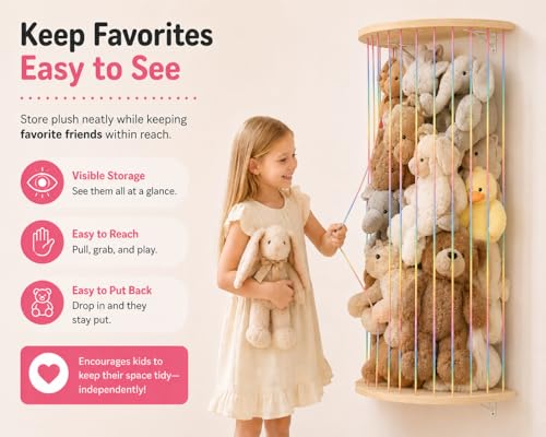 Stuffed Animal Storage Hammock Wooden Half Circle Design Wall Hanging Plush Toy Organizer for Kids Room Decor, Plush Net Hammock Playroom Nursery Stuffed Animal Corner Net Shelf - style: Rainbow semicircle