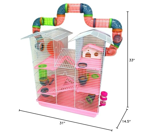 Pink Large Twin Tower Habitat Hamster Home Rodent Gerbil Mouse Mice Rat Wire Animal Cage Long Crossover Tube Expandable and Customizable with Hide House Running Wheel Food Bowl Water Bottle Deep Base - color: Pink, size: 31.0"L x 14.5"W x 33.0"H