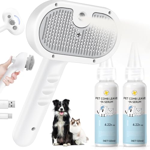 Pet Steam Brush Dog Cat 2026 New Grooming Comb for Shedding, Floating Hair, Smooth & Detangling, Gentle Cool Mist Softens Hair Reduces Static Helps Pets Who Dislike Bathing,2*Waterless Shampoo - color: Gray, size: 240ML