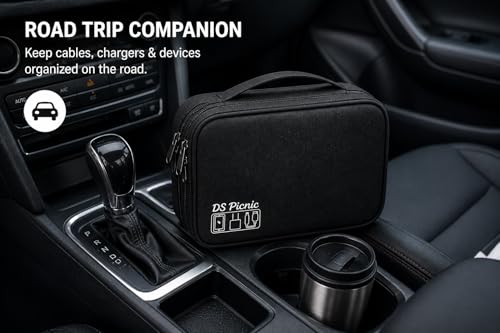 Electronic Organizer Travel Essentials Case, Waterproof Double Layer Cable Storage Pouch Bag for Charger, USB Cords, Power Bank, Phone Mouse SD Card Earphone Camera, Tablet (Up to 11 inch)