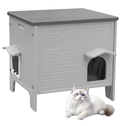 Cat House Outdoor Weatherpoof Plastic Cat Shelter Outside | with Escape Door Indoor Waterproof Feral/Pet Cat Houses for Puppy, Rabbit(Grey) - style: Standard