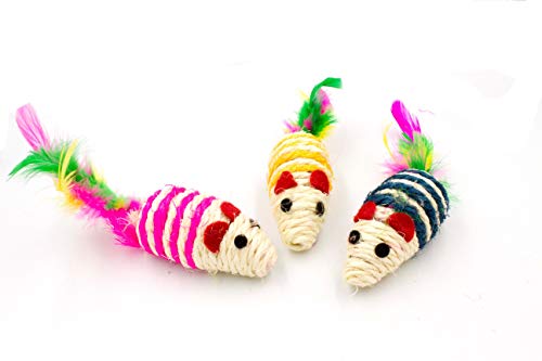 10 Sisal Mice with Rattle Sound, Interactive Catch Play Teaser Mouse Toy for Cats and Kittens, Made of Safe and Natural Sisal Hemp Material. Pack of 10 Mice