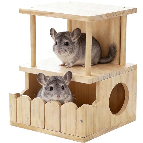 Chinchilla Hideout House Solid Wooden Chinchilla Cage Accessories | Chinchilla House No Paint Wooden Guinea Pig Hideout Small Animal Hide Hut for Chinchilla, Squirrel,Sugar Gliders(2-Layer) - style: 2-Layer