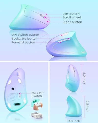 Lekvey Ergonomic Mouse, Rechargeable Vertical Wireless Mouse, Green Purple | USB-C Charging, 2.4G Wireless, 800/1200/1600 DPI, Quiet Clicks, 6 Buttons, Carpal Tunnel Mouse, for Laptop, PC, Computer, Mac - color: Green and Purple