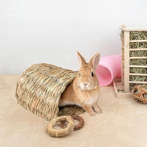 Hamiledyi Rabbit Grass Tunnel,Rabbit Grass Bed Natural Straw Woven Mat Winter Warm Hideaway Hut for Bunny Gerbil Ferrets Chinchilla Guinea Pig - size: Medium(9.1x7.5x6.7in)