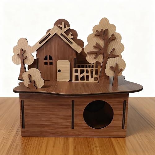 Wooden Hamster Cage, Multi-Level Natural Wood Hamster House with Ladder & Platform, Chewable & Roomy Habitat for Hamster, Mouse, Dwarf Hamster and Other Small Animals
