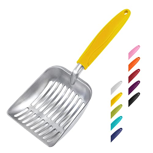 Cat Litter Scoop, Aluminum Alloy Sifter, Kitty Metal Scooper, Deep Shovel, Long Handle, Poop Sifting, Kitten Pooper Lifter, Durable, Heavy Duty, for Litter Box - color: FLAT Aluminum \ #04 Yellow Handle, size: Small