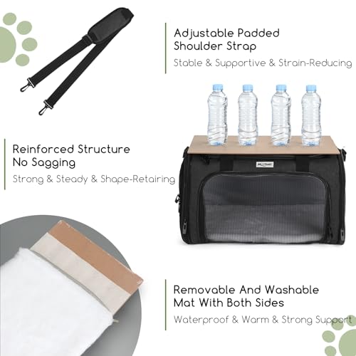 Pet Carrier for Cats & Small Dogs, Travel Carrier with Anti-Collapse Support, Chew Resistant Buckles, Luggage Sleeve, Multi-Pocket Storage, Reversible Mat & Bowl (Black, Medium (17.5"x11"x11.5")) - color: Black