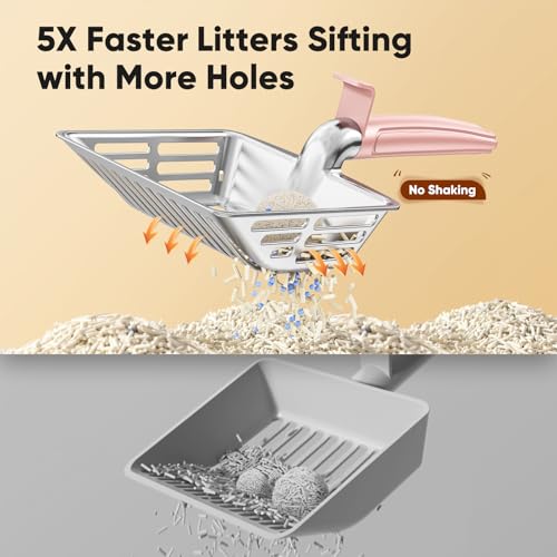 Metal Cat Litter Scoop, Large Cat Scooper with Deep Shovel & Dual Sifting Holes for Fast & Precise Sifting, Space Aluminum Kitty Litter Scooper with Long Handle & Easy-to-Hang Hook - Pink - color: Pink
