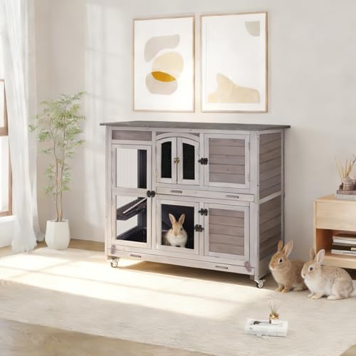 GUTINNEEN Large Rabbit Hutch Indoor with Chew-Proof Ramp, 47" Wooden Bunny Cage Guinea Pig Cages with Casters, Leak-Resistant Trays for Rabbits, Guinea Pigs, Small Animals