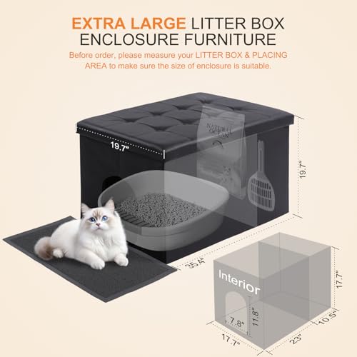 MEEXPAWS Cat Litter Box Enclosure Furniture Odor Control, Extra Large | XXL Hidden Cat Litter Box Bench Ottoman, Storage Cabinet Dog Proof, Waterproof Inside, Easy Clean, Easy Assembly, Black - color: Black, size: XXL L35.4'' x W19.7'' x H19.7''