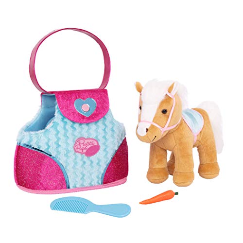 Pucci Pups Pucci Pals Plush Horse Carrier Set, Beige Horse Purse, Pet | Beige plush horse with white mane and tail, blue saddle, pink and blue carrier bag, carrot and comb for play, Pet, 2+ Years - style: Horse - Blue & Pink Bag