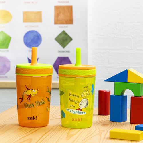 Zak Designs Dr. Seuss Kelso Toddler Cups For Travel or At Home, 15oz 2-Pack Durable Plastic Sippy Cups With Leak-Proof Design is Perfect for Kids (One Fish, Two Fish) | BPA Free, Plastic, Sippy Cups, Cup Holder Friendly, Dishwasher Safe, Easy to Clean, Fo