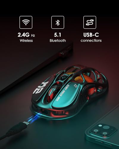 GravaStar Mercury M2 Wireless Gaming Mouse with 26,000 DPI, PAW3395DM Sensor -79g Lightweight Hollowed-Out Design -5 Programmable Buttons -5 Dynamic Lightsync RGB - color: Stealth Black