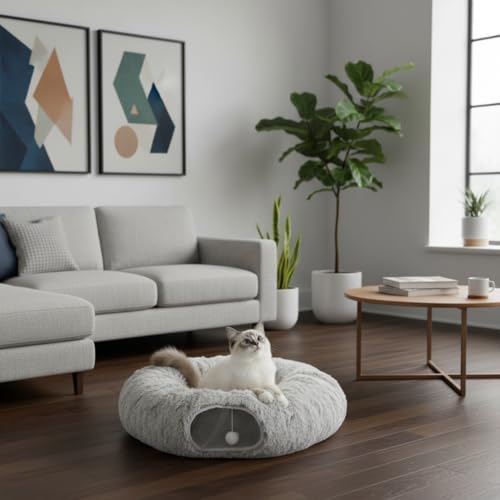 AUOON Plush Cat Tunnel Bed for Indoor Cats, 36" L x 36" W x 11.5" H, Khaki | 2 in-1 Interactive Cat Toy, with Hanging Ball Toy, Machine Washable Center Pad, for Kitten Puppy Rabbit Ferret - color: Khaki