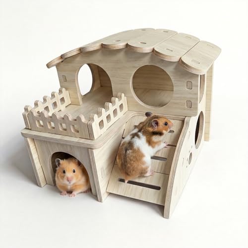 Multi-Chamber Wooden Hamster Hideout, House and Cage Accessory, Model 2 | Natural wood retreat for dwarf hamsters, gerbils and mice, with multiple chambers, openings and ventilation holes.
