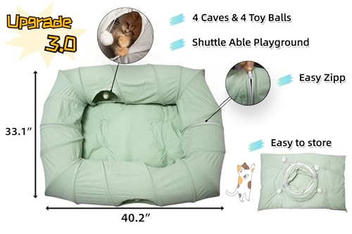 XxingSheep 4 Ways Shuttled XL Cat Tunnel Bed for Indoor Cats Peekaboo Cat Cave Donut with Cool Mat (Green) - color: Green, size: Extra Large
