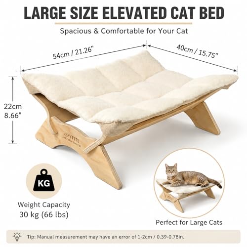 JSPYFITS Elevated Cat Bed Hammock, Raised Cat Bed with Dual-Sided Plush & Linen Cushion, Machine Washable & Breathable Cover Tool Free Easy Assembly, up to 66Lbs (White) - color: Pristine White