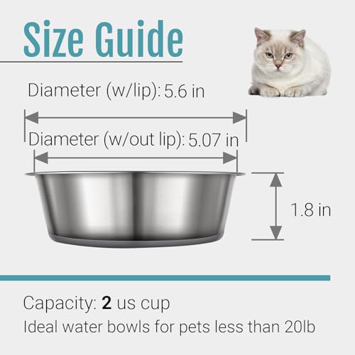 Nonslip Stainless Steel Dog Cat Bowls, 2 US Cup, 2 Count | No slide silicone bottom, Dishwasher safe, Easy to clean, Stackable design - size: 2 Cup