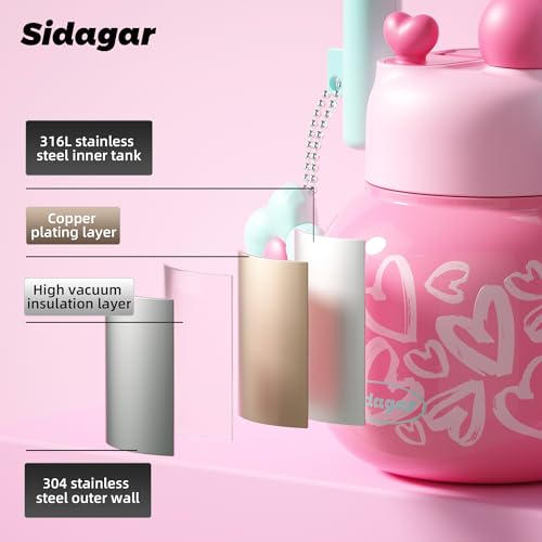 22 oz Tote Insulated Water Bottle with Handle, Leakproof, Heart | Cute design with durable 316L stainless steel, dual sip, keeps drinks hot or cold longer, travel and everyday hydration - color: Heart