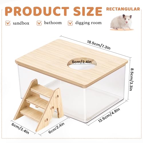 Hamster Sand Bath, Pentagon Hamster Sand Bath Container with Climbing Ladder, Large Acrylic Hamster Dig Box with Wood Cover, Sand Bath for Hamsters Small Animals (Rectangle) - style: Rectangle