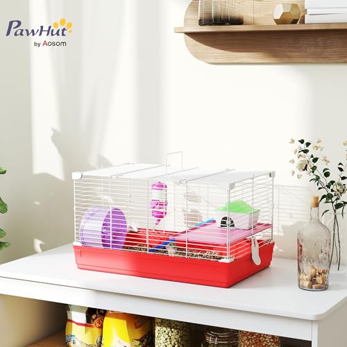 PawHut 18.5" Hamster Cage Exercise Wheel Water Bottle 2-Story Design Red | Dish, Rat House, Habitat