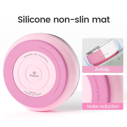 Pawaii Dog Bowl,34 oz Stainless Steel Food and Water Bowl,ID Tag,1 Pack | Double-Wall Design,Non-Slip Rubber Base,Dishwasher Safe,Smooth Open Design, Not a Slow Feeder,Easy-Rinse Interior - color: Sakura Pink, size: 34oz