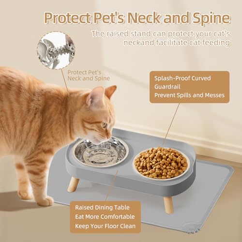 Elevated Cat Bowl with Food Mat, Raised Cat Food and Water Bowl Set for Indoor Cats, Splash Proof with 2 Stainless Steel Pet Food Bowls for Cats and Puppies,Whisker Fatigue and Dishwasher Safe (Grey) - color: Cat Bowls with mat - grey