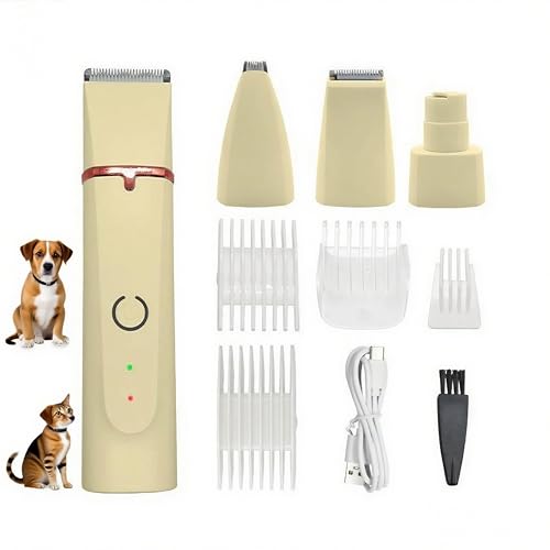Low Noise 4-in-1 Dog Grooming Clippers Kit,Cordless Dog Nail Clipper,Dog Paw Trimmer,Cat Ear Trimmer,Pet Cat Dog Hair Trimmer for Small Large Dogs Cats and Rabbits Grooming at Home(Beige)