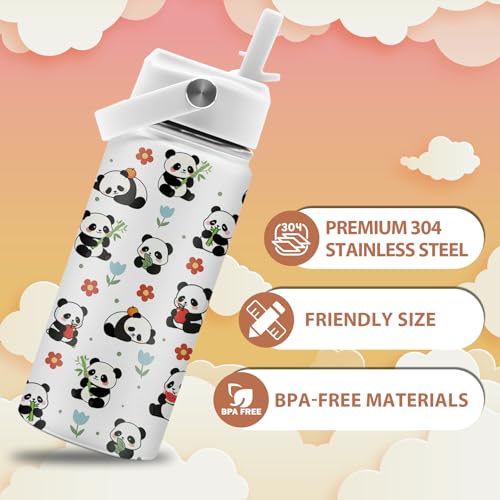 Panda Gifts for Girls Boys, 16 oz Water Bottle with Straw Lid, Panda Water Bottle, Stainless Steel Insulated Tumbler, Cute Animals Cups, Birthday Gifts for Animal Lovers - color: Panda