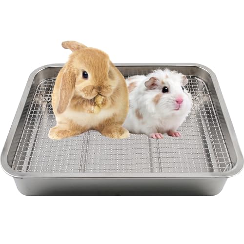 kathson Stainless Steel Rabbit Litter Box,Metal Litter Tray for Rabbits,Large Space Stainless Steel Bunny Litter Pan with Grid,Small Animal Toilet Training Accessories for Cats Guinea Pig Hamster