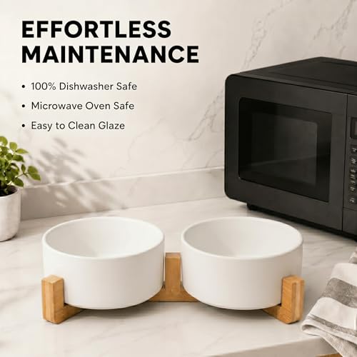 SPUNKYJUNKY Ceramic Dog and Cat Bowl with Wood Stand Non-Slip Matte Glaze Weighted Food Water Set for Cat Medium Dog 28.7 OZ - color: White × 2, size: 3.6 cups