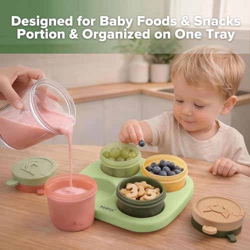 Haakaa Silicone Baby Food Containers, 4oz/120ml Baby Food Jars with Leakproof Animal Lids and Tray, Freezer-Safe Storage for Homemade Purees, Snacks & Meal Prep, 4 Pack, Spring Green Tray - color: Spring Green Tray