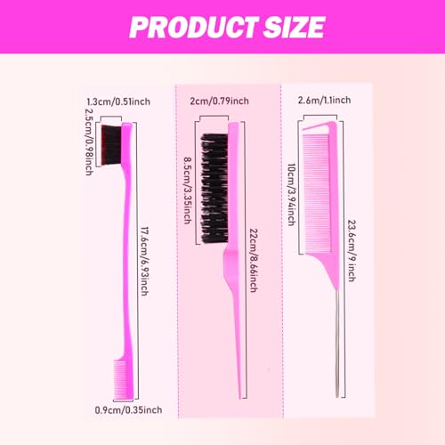 DAN Technology Hair Styling Set - 3 Pieces Teasing Comb, Rat Tail Comb, and Edge Brush for Slicking Baby Hair & Flyaways - Pink
