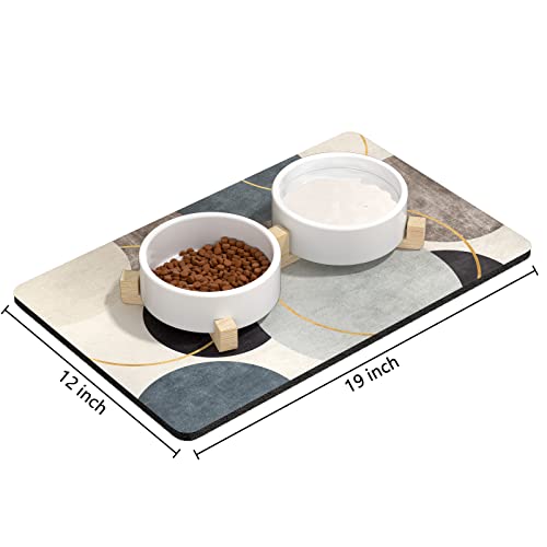 Rnivvi Dog Food Mat, 12" x 19" Boho Absorbent Dog Cat Bowl Mat for Food and Water, Cute Anti-Slip Rubber Pet Feeding Rug Protect Floors, Puppy Placemat for Feeding & Watering Supplies, Abstract Circle - color: Abstract Art Circle, size: 12"x19" (Regular)