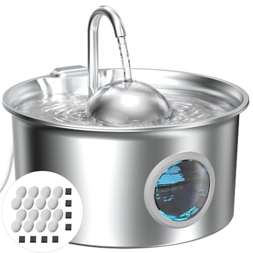 Pet Water Fountain Stainless Steel: 8 Filters + 8 Sponges Cat Fountains for Drinking - Metal Pet Fountain - Running PetFountain Filtered - DCTROD 88oz/2.6L Faucet Pet Bowl Dispenser Fountains