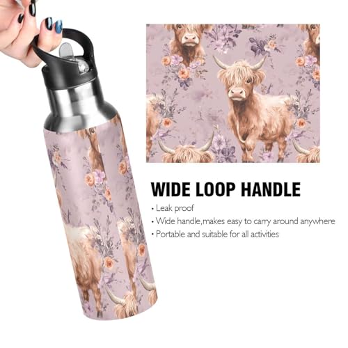 Highland Cow Purple Flower Water Bottle Kids Insulated Sports Vacuum Stainless Steel Mug with Straw Lid & Handle 20 oz - color: C3666
